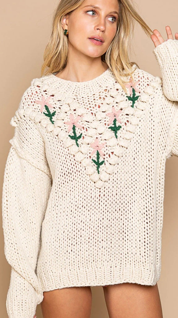 Beige Floral Yoke Knit Sweater