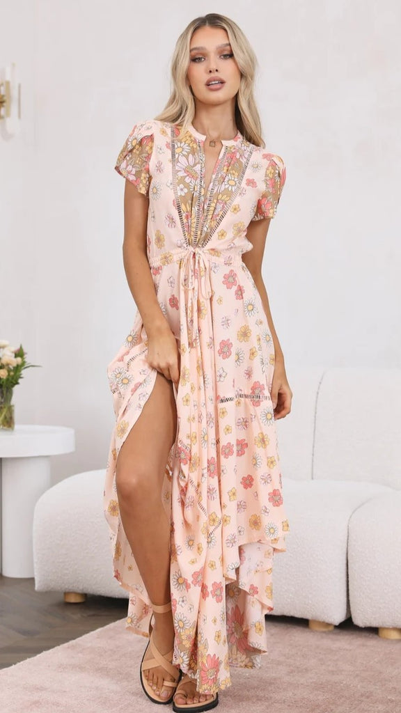 Pink Daisies Print Midi Dress