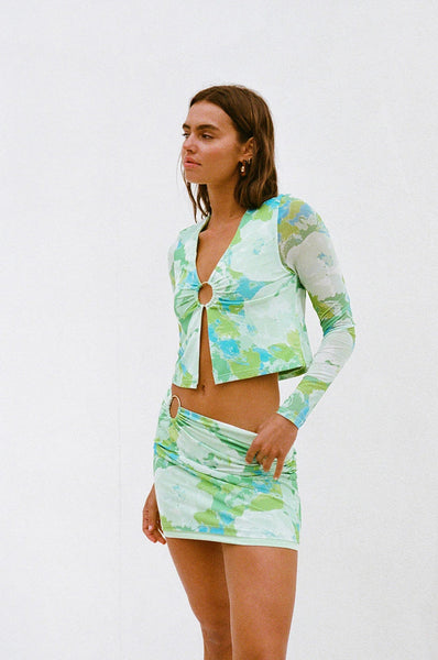 Green Floral Long Sleeves Crop Top
