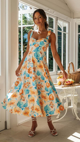 Nectarine Floral Shoulder Tie Midi Dress
