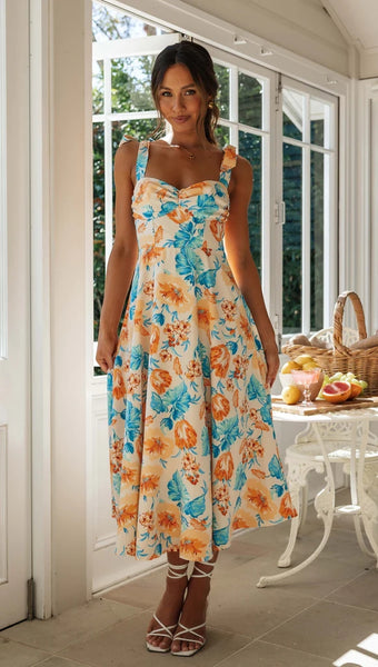 Nectarine Floral Shoulder Tie Midi Dress