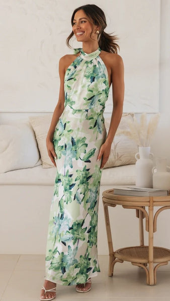 Green Floral Satin Halter Maxi Dress