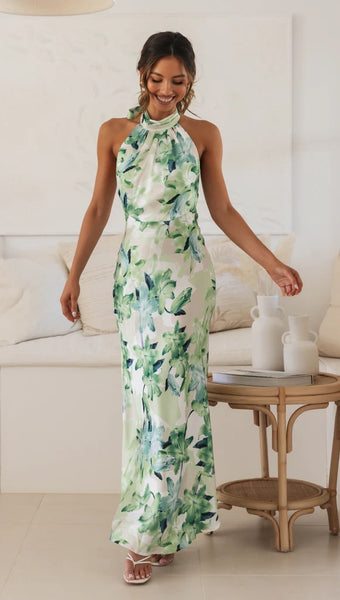 Green Floral Satin Halter Maxi Dress
