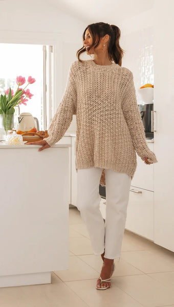 Beige Ribbed Knit Sweater