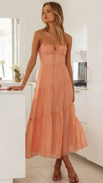 Coral Pink Solid Slip Midi Dress