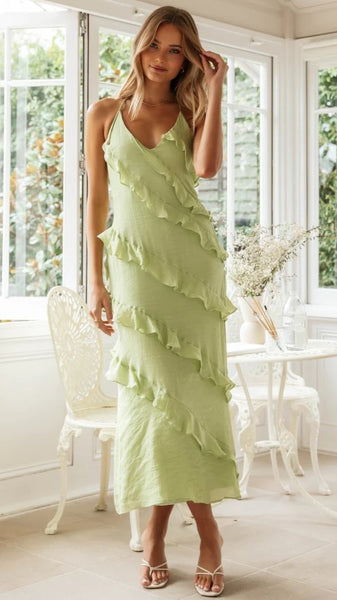 Green Ruffled Sleeveless Midi Dress