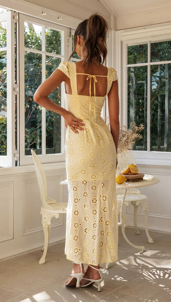 Light Yellow Crochet Lace Midi Dress