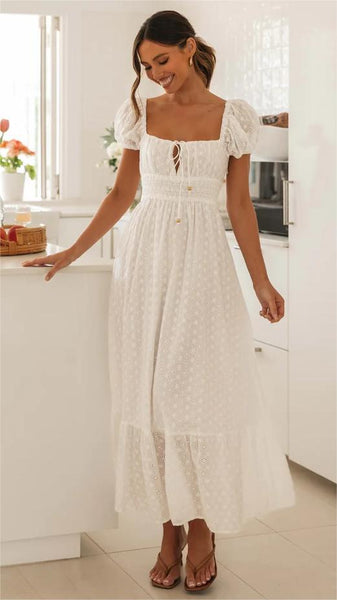 White Square Neckline Midi Dress
