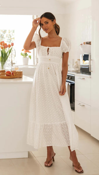 White Square Neckline Midi Dress