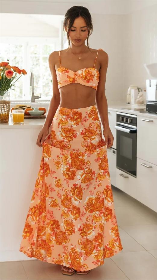 Orange Rose Print Maxi Skirts
