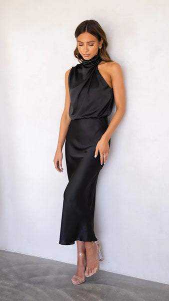 Black Satin Sleeveless Midi Dress