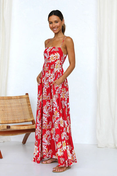 Red Floral Slip Midi Dress
