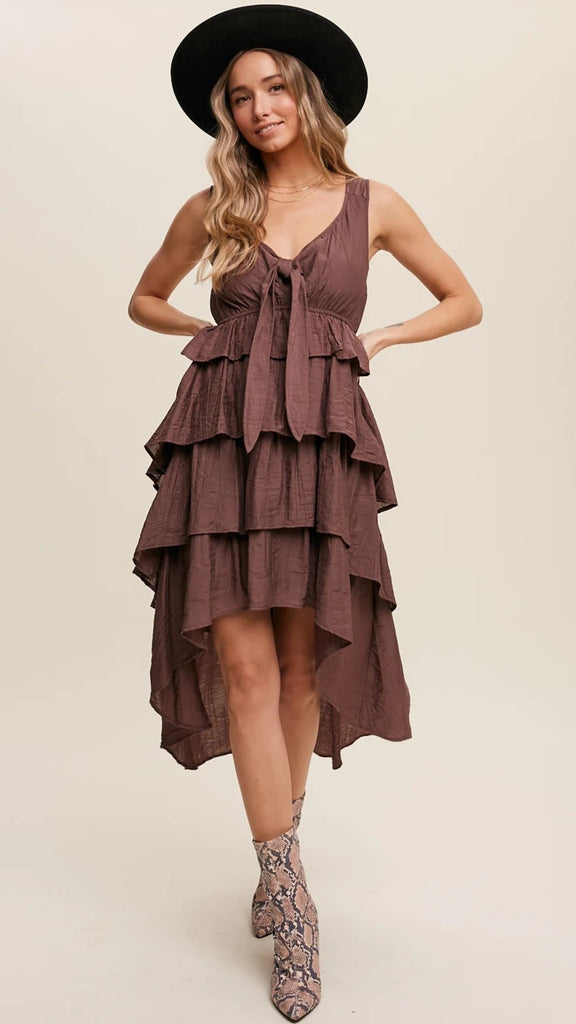 Brown Tiered Ruffle Midi Dress