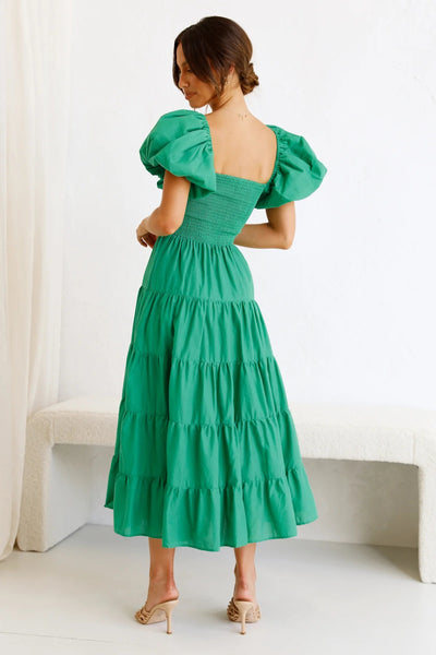 Green Square Neckline Tiered Midi Dress
