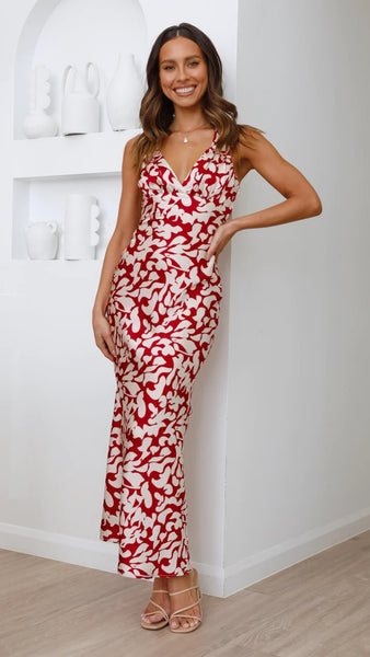 Red Floral Silhouette Sleeveless Midi Dress