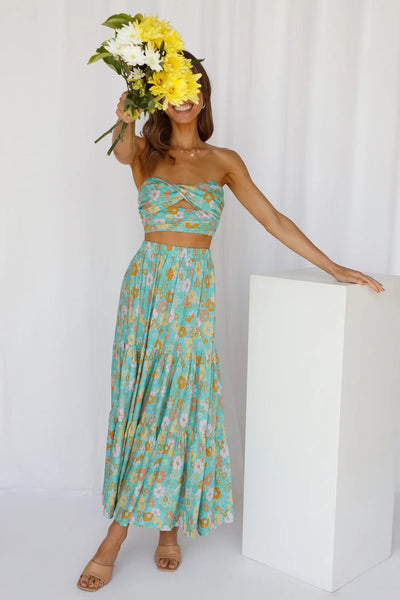 Green Floral Crop Top and Skirt Sets