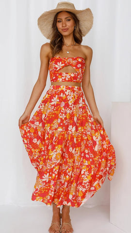 Orange Floral Crop Top and Skirt Sets
