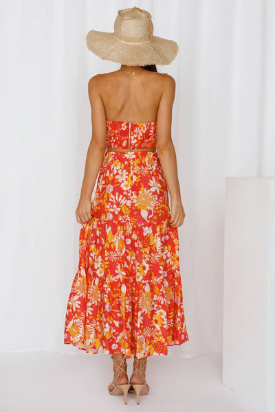 Orange Floral Crop Top and Skirt Sets