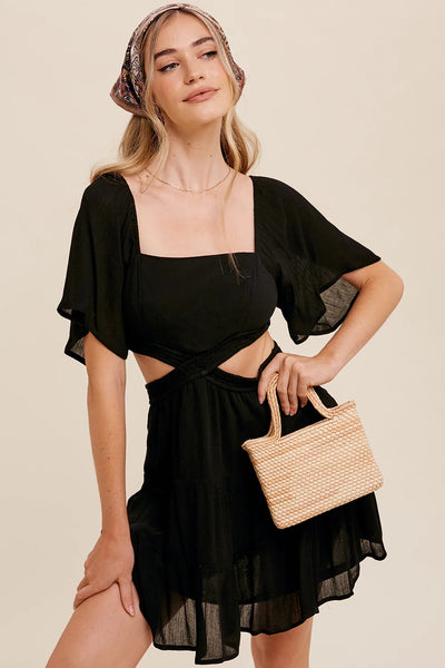 Black Cutout Waist Mini Dress