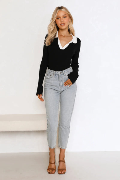 Black Contrast Collar Knit Sweater