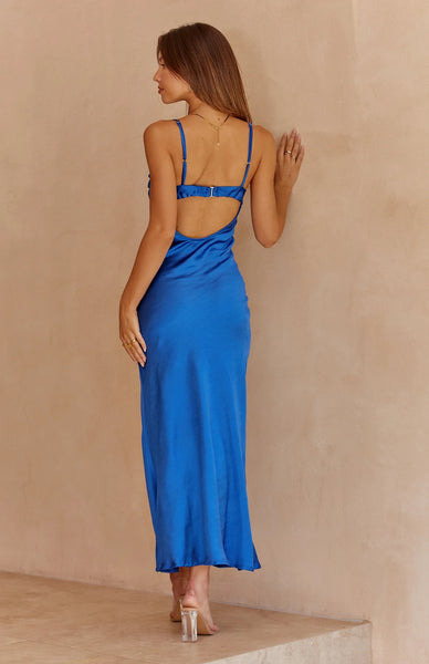 Royal Blue Satin Slit Midi Dress