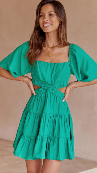 Green Cutout Waist Mini Dress