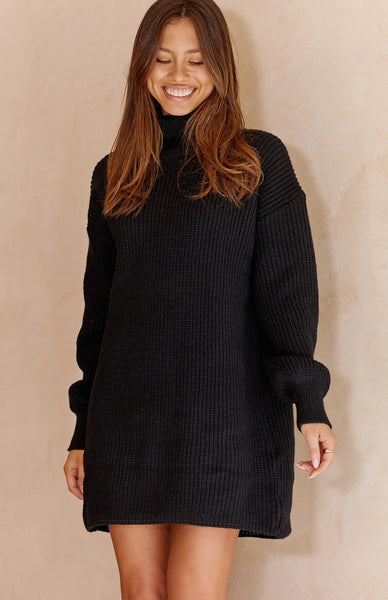 Black Knit Long Sleeves Mini Dress
