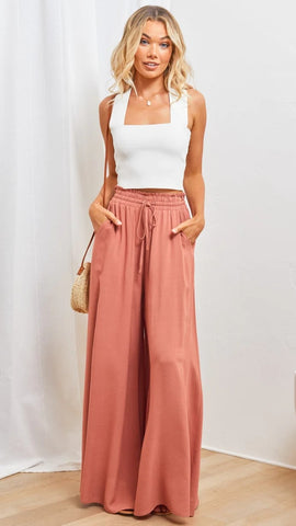 Red Solid Wide-Leg Casual Pants