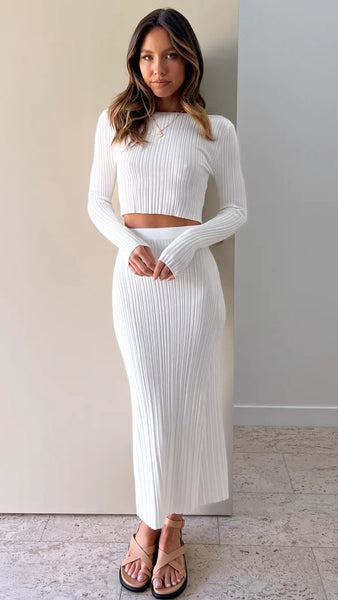 White Ribbed Knit Long Sleeves Crop Top