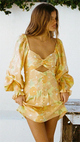 Yellow Floral Long Sleeves Mini Dress