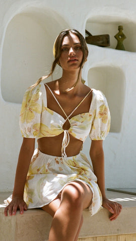 Yellow Floral Cutout Mini Dress