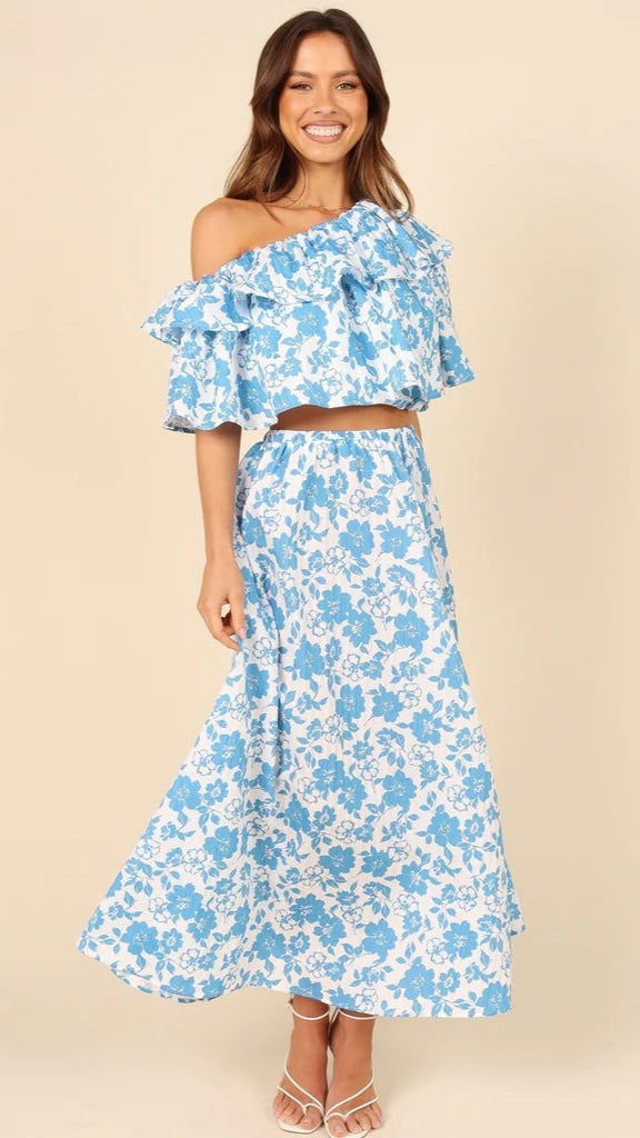 Light Blue Floral Midi Skirts