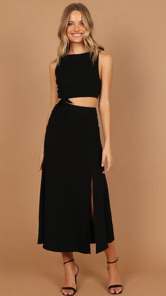 Black Cutout Waist Midi Dress