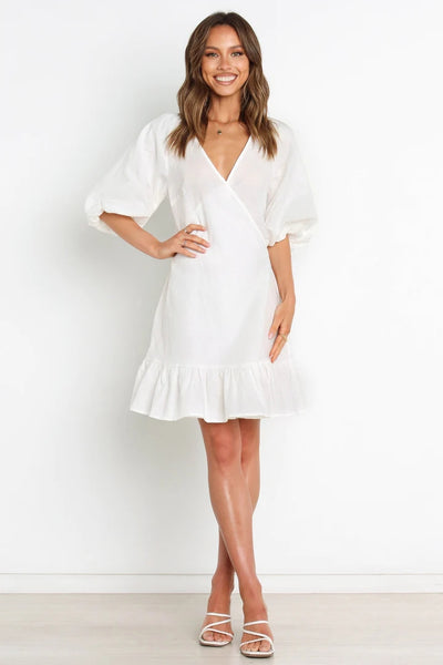 White Surplice Wrap Mini Dress