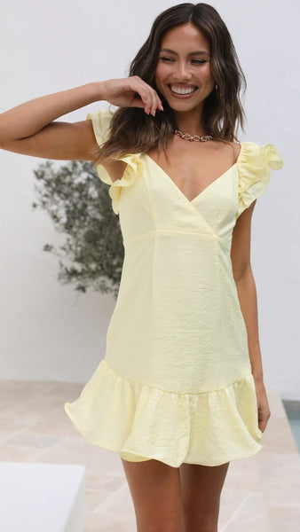 Light Yellow Surplice Mini Dress