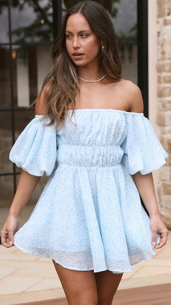 Blue Floral Off Shoulder Mini Dress
