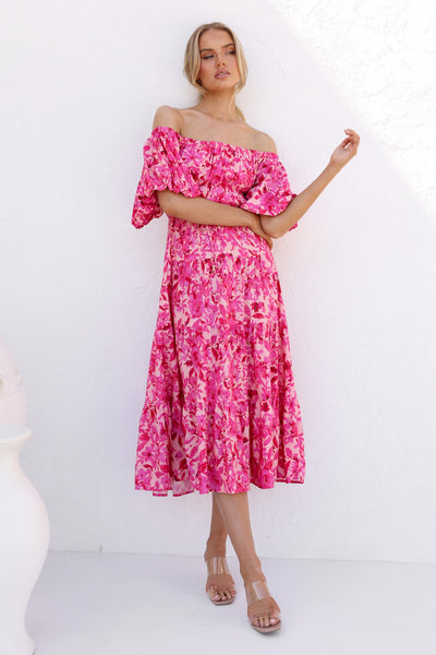Hot Pink Flora Off Shoulder Midi Dress