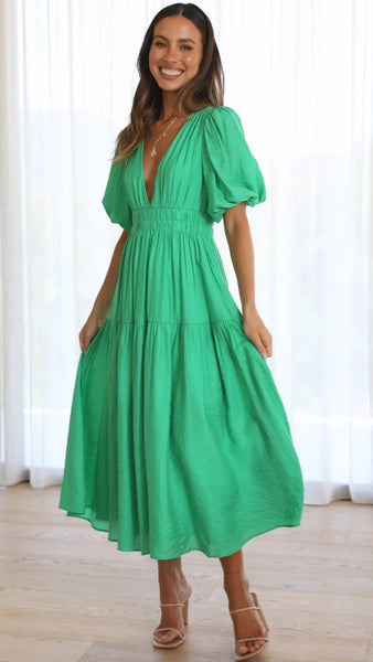 Green Deep V Neckline Tiered Midi Dress