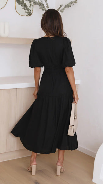 Black Deep V Neckline Tiered Midi Dress