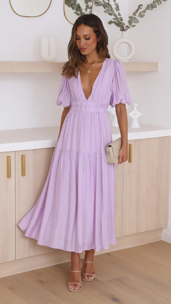 Purple Deep V Neckline Tiered Midi Dress