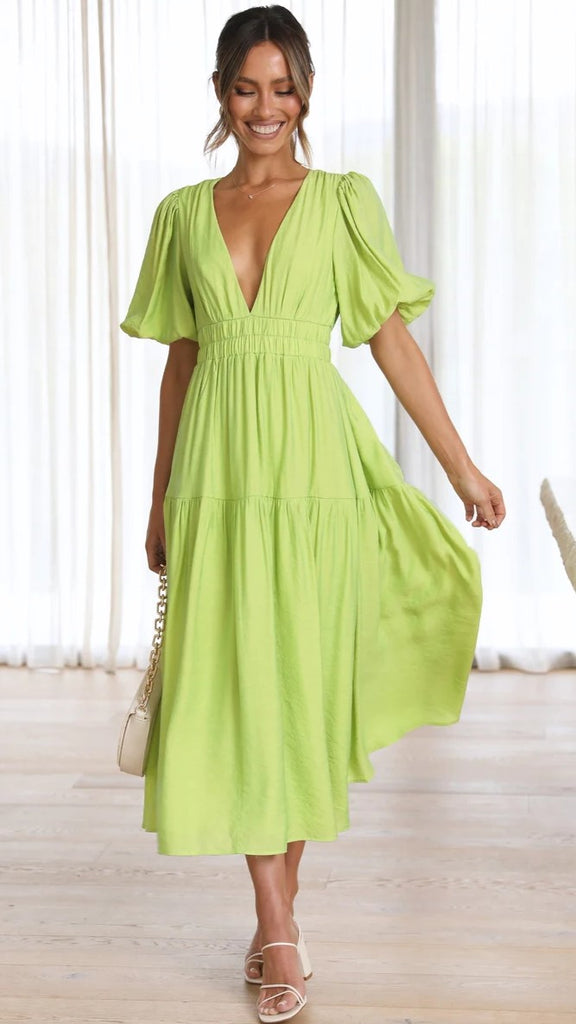 Lime Deep V Neckline Tiered Midi Dress