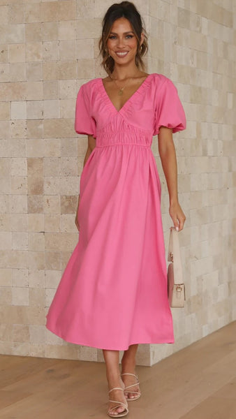 Hot Pink Deep V Neck Midi Dress