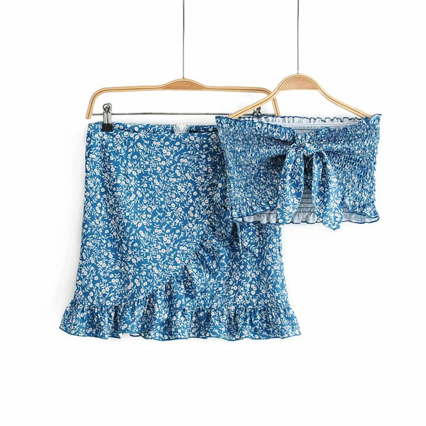 Navy Floral Bowknot Top and Skirt Sets