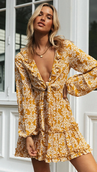 Yellow Floral Front Knot Dress
