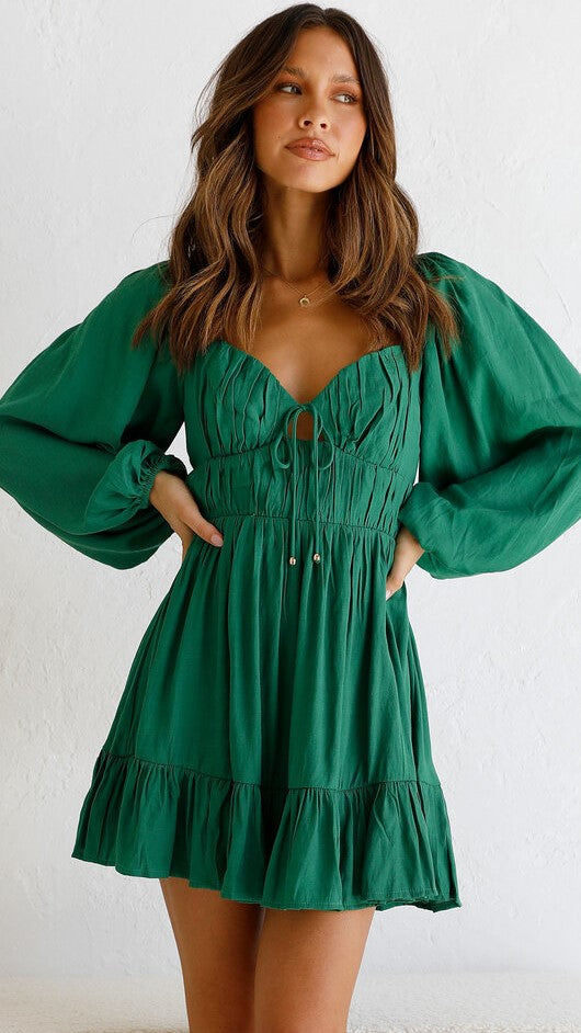 Green Pleated Long Sleeves Mini Dress