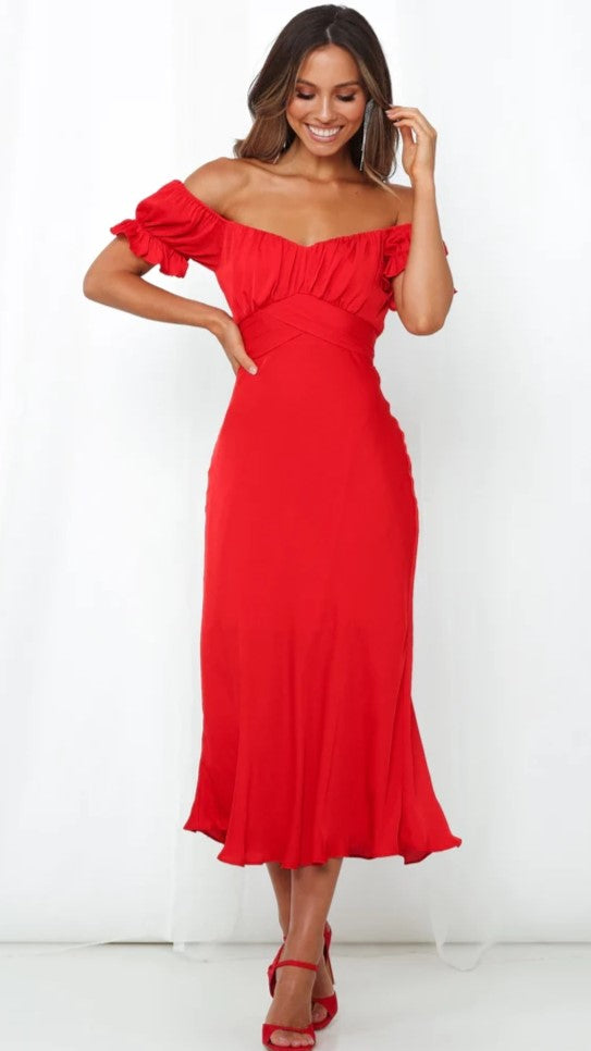 Red Off Shoulder Midi Dress