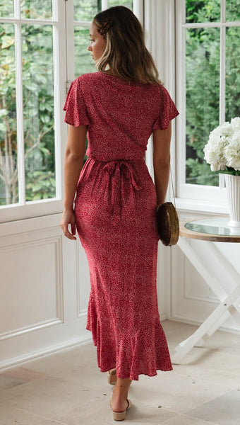 Red Floral Waist-Tie Surplice Hi-Lo Dress