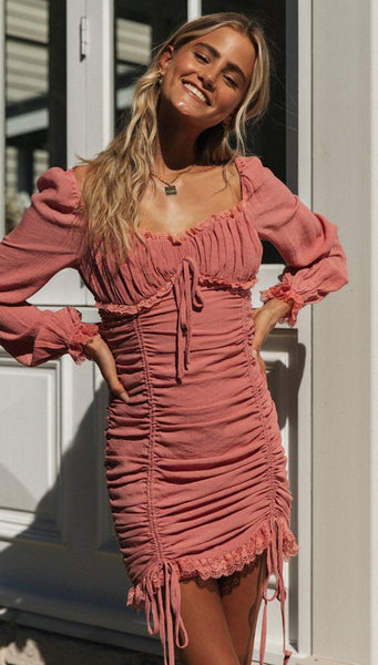 Red Pleated Long Sleeve Bodycon Dress