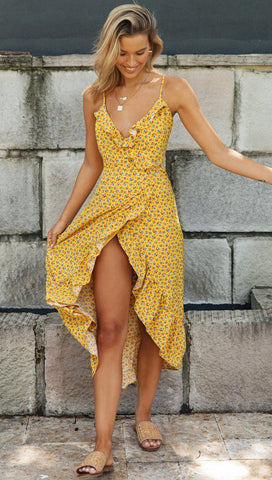 Yellow Floral Cami High Slit Dress