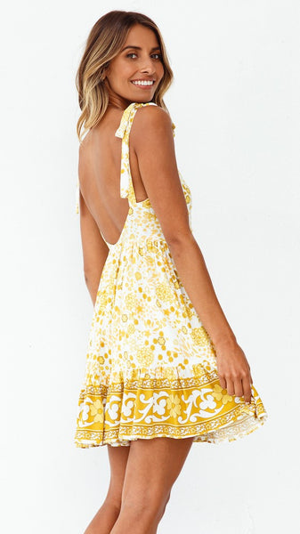 Yellow Floral Shoulder-Tie Backless Dress